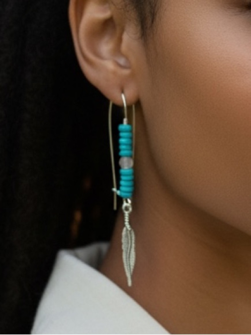 HAND CRAFTED TURQUOISE & WHITE QUARTZ FEATHER DANGLE EARRINGS Boho Western